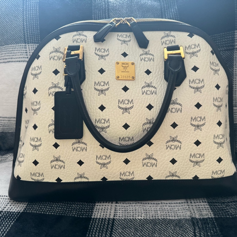 MCM Cream and Black Logo Satchel